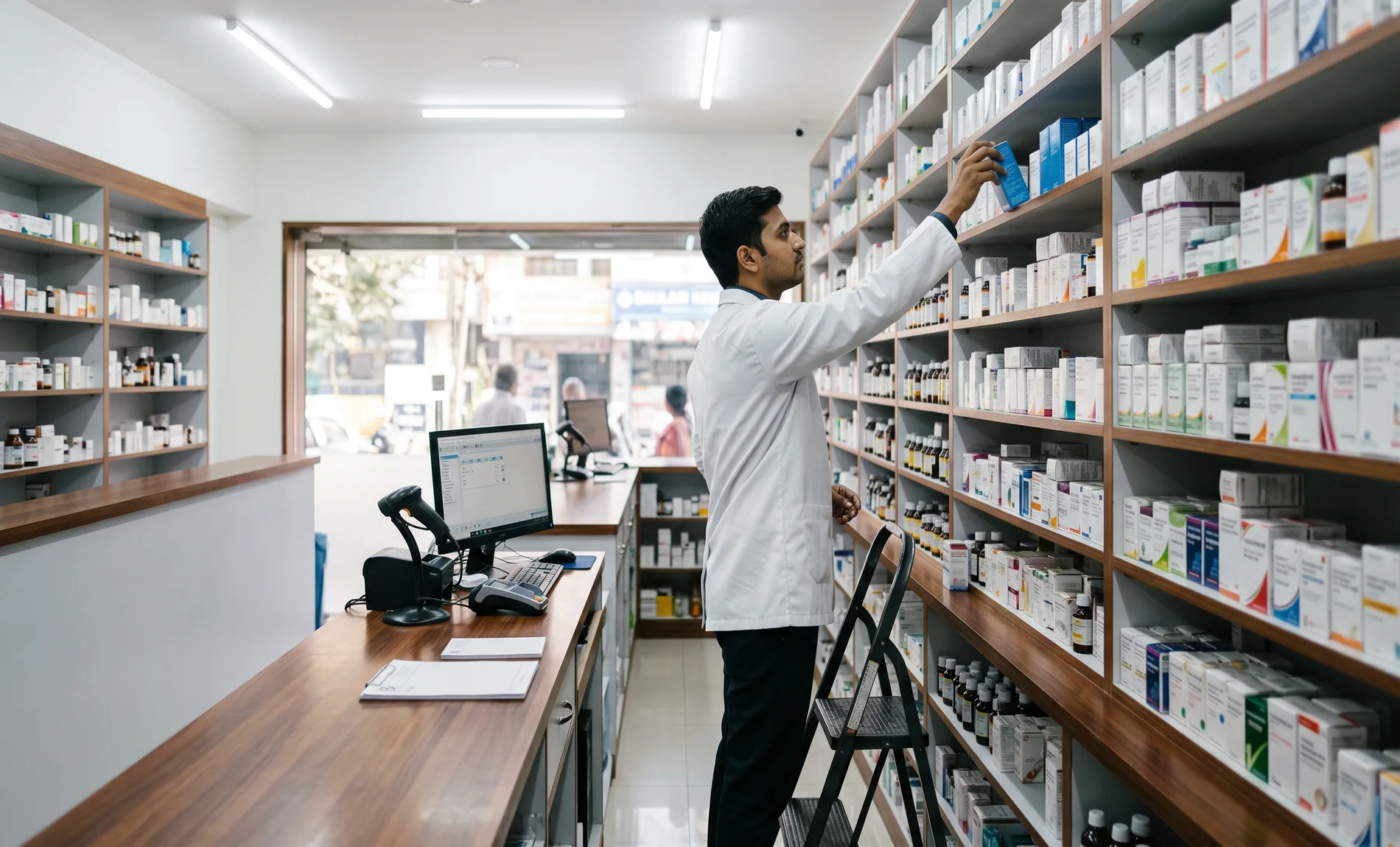 A pharmacist reaching for a box on a wall of stocked shelves